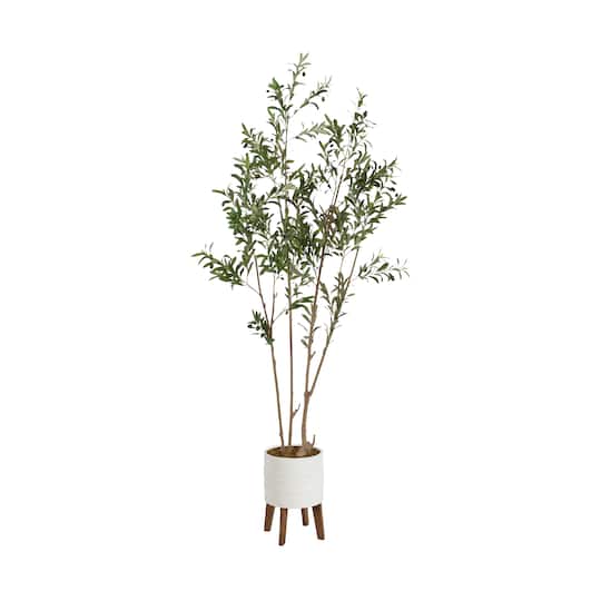 Kate and Laurel 7ft. Oliveira Faux Olive Tree in Rustic Brown Footed Planter
